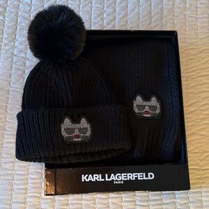 Karl Lagerfeld Kids Black Beanie and Scarf Set with Pom-Pom